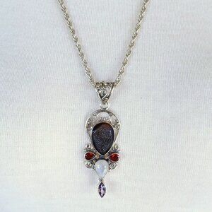 Gemstone Pendant w/ 24" Sterling Chain-Druzy-Quartz-Garnet-Moonstone-Amethyst